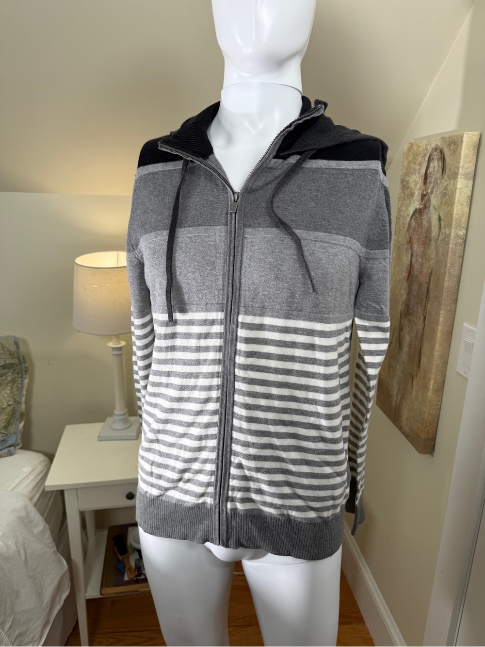 Jack & Jones Stripe Hoodie Knit Full Zip Slim Fit Gray Black L/XL 